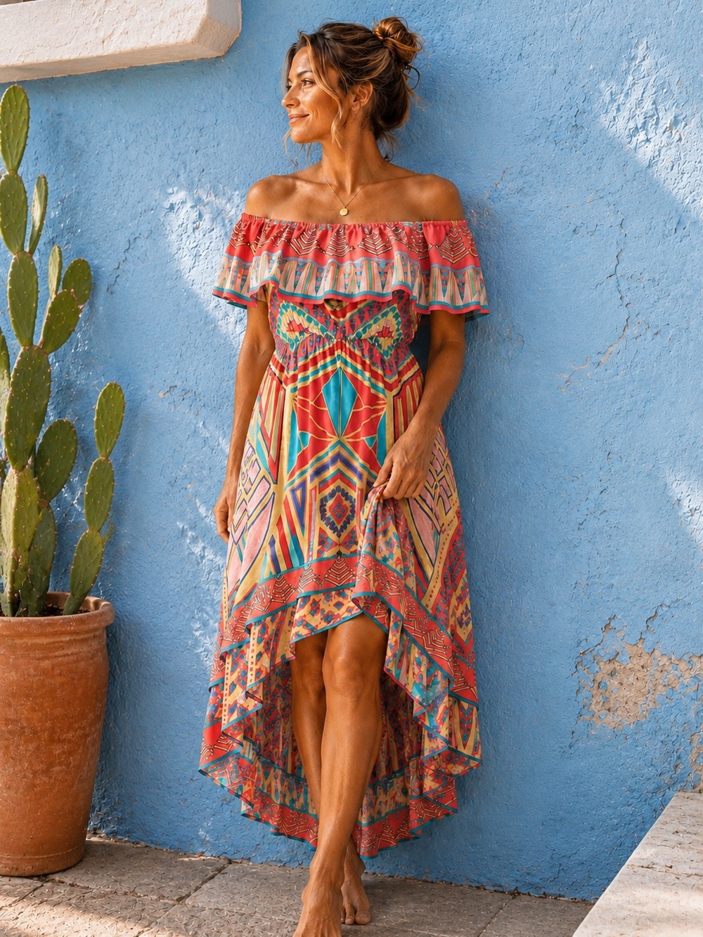 Flying Tomato | Off Shoulder High Low Hem Dress | Large | Aztec Boho Resortwear